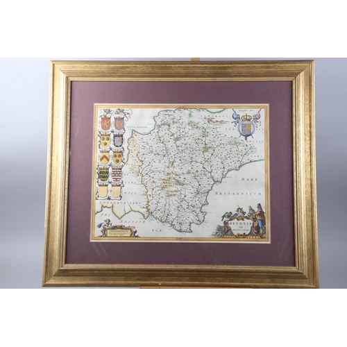 352 - A 17th century hand-coloured map of Devon, after Jansson, in double sided glass mount and gilt frame