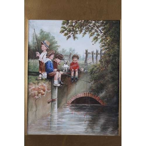 360 - A watercolour of four children and a dog fishing, 9 3/4