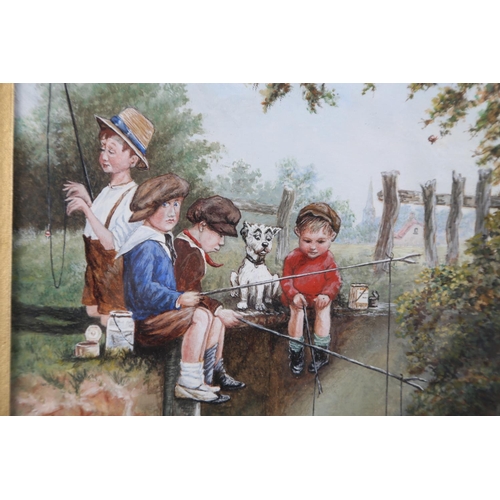 360 - A watercolour of four children and a dog fishing, 9 3/4