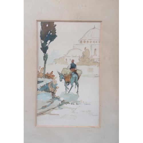 365 - V H: a watercolour sketch, figure on a donkey with mosque in distance, 5