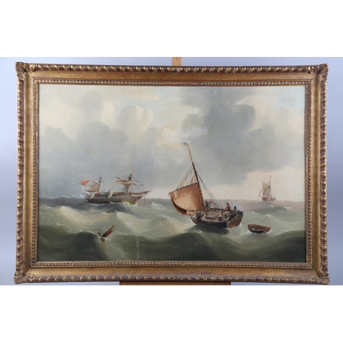 401 - E K Redmore: oil on canvas, maritime scene, dismasted ship and fishing boats, 19 1/2