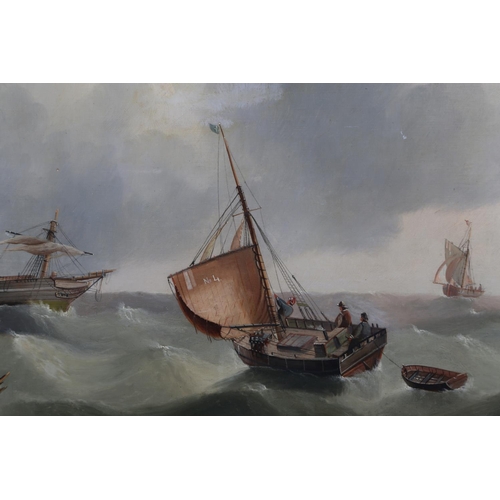 401 - E K Redmore: oil on canvas, maritime scene, dismasted ship and fishing boats, 19 1/2