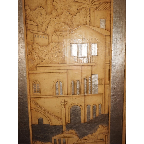 406 - A pair of hand-painted and silvered applique panels, townscapes, 69