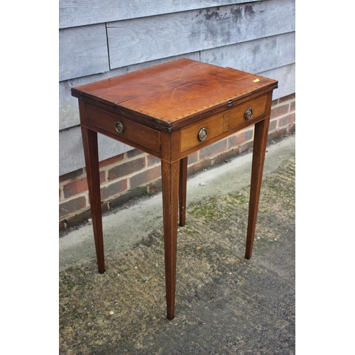 446 - A late 19th century mahogany and inlaid flap top patience table, fitted one drawer with faux drawer ... 