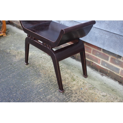 464 - A Chinese lacquered hardwood 'X' frame stool with panel seat, on splay supports, 27 1/4