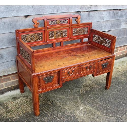 468 - An antique Chinese and hardwood seat with lattice decorated sides and back over four drawers, on sha... 