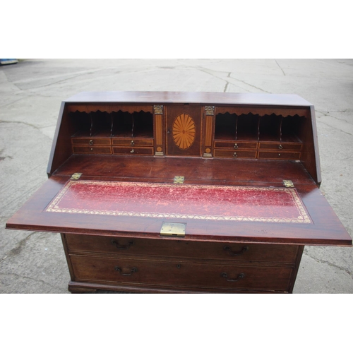 475 - A George III mahogany box and ebony strung fall front bureau, the interior fitted drawers and pigeon... 