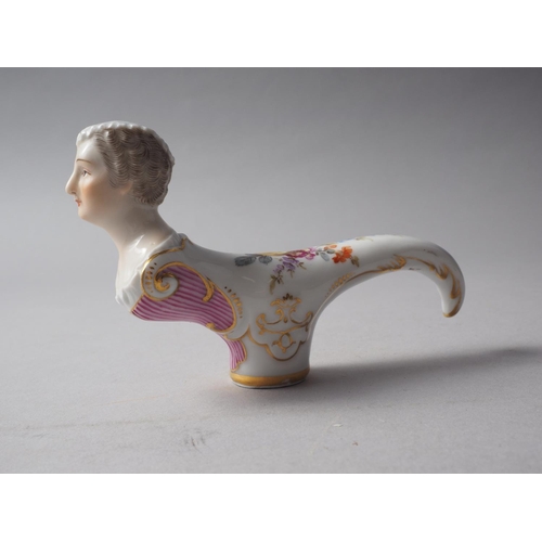 5 - A German porcelain cane handle formed as the bust of a female, 4 3/4