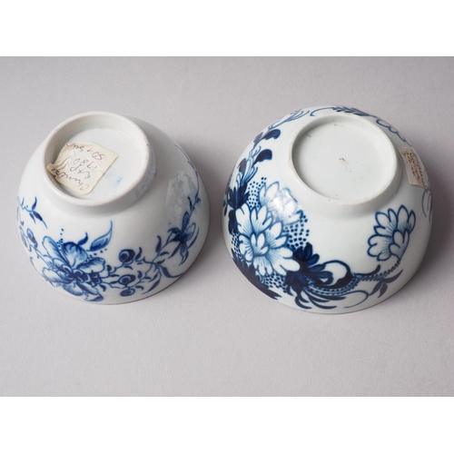 6 - Two late 18th century Worcester blue and white tea bowls with floral decoration (larger 3 1/8