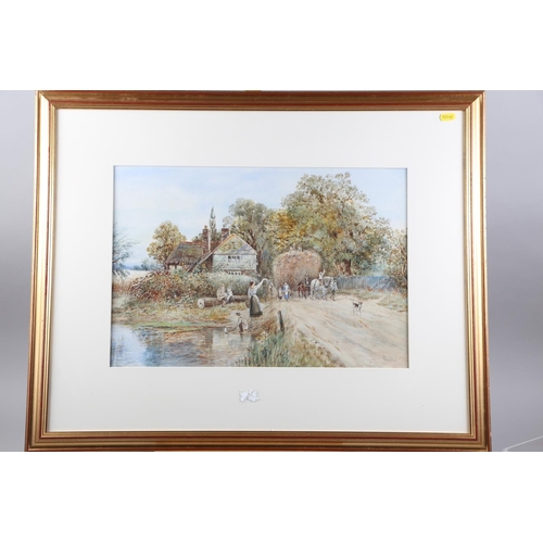 355 - Fred Fitch: watercolours, hay wain and old cottage, 13 1/4