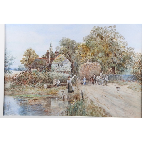 355 - Fred Fitch: watercolours, hay wain and old cottage, 13 1/4