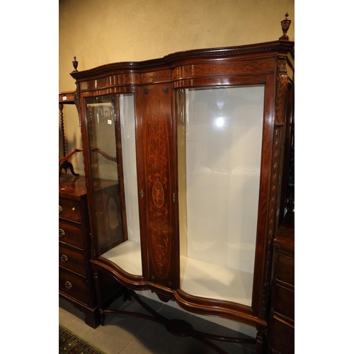 471 - A Sheraton Revival mahogany and inlaid serpentine front display cabinet, interior fitted three shelv... 