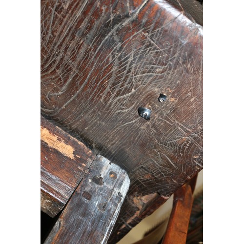 449 - An antique elm slab top refectory table, on chamfered and stretchered supports, top 84