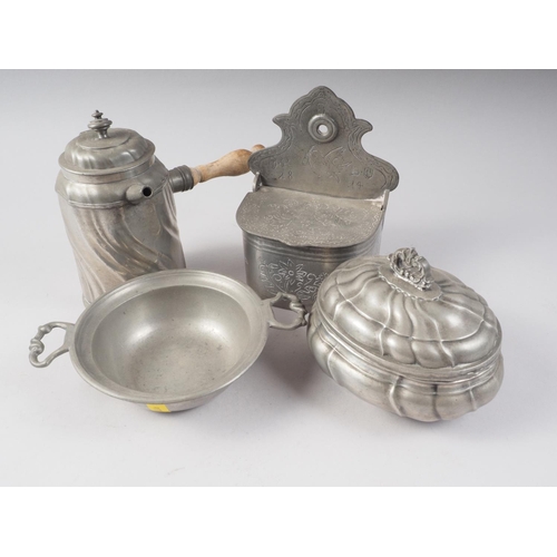 142 - A French pewter coffee pot, a similar sugar box and cover, and two other pieces of Continental pewte... 