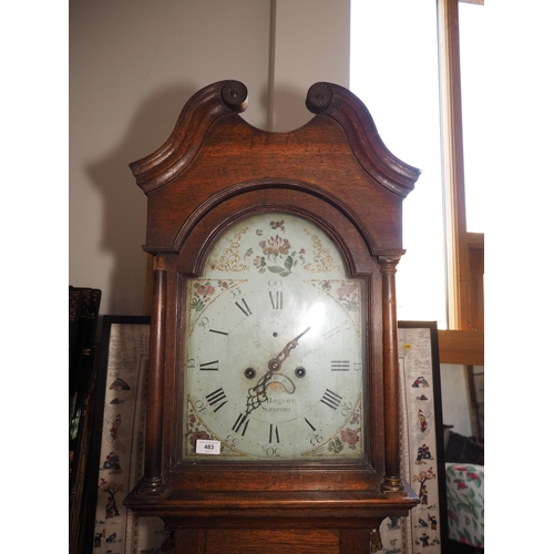 562 - An early 19th century provincial oak long case clock with painted dial, swan neck pediment and eight... 