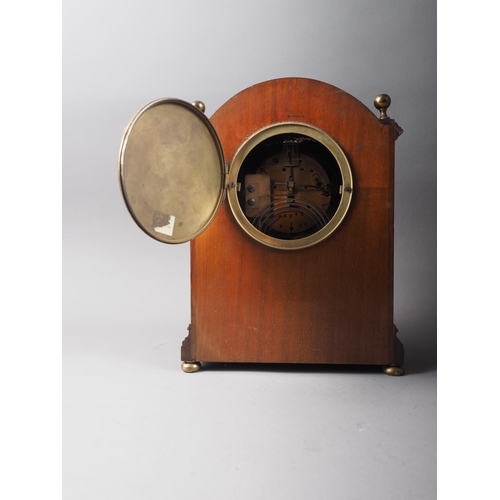 122 - An Edwardian walnut, brass and copper inlaid mantel clock, 10 1/2