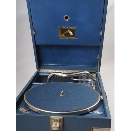 202 - An early 20th century HMV portable record player, in blue case