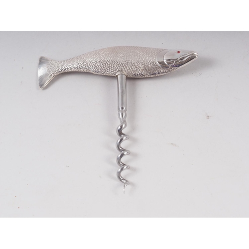 274 - An Edwardian silver handled corkscrew, modelled as a salmon with glass eyes, marks Chester 1912, in ... 