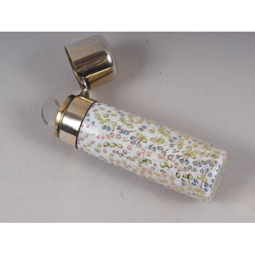 279 - A cylindrical glass and enamelled scent bottle with white metal mounts and stopper, 3