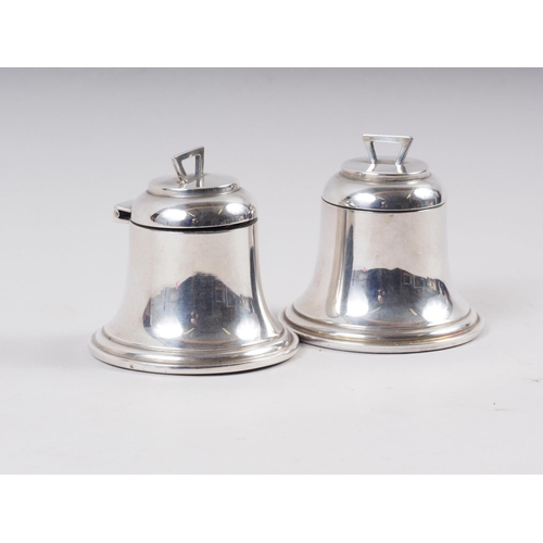 311 - A pair of silver bell-shaped desk inkwells with hinged lids and liners, 2 1/4