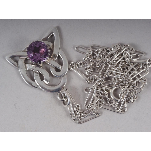 333 - A sterling silver Celtic style pendant, set facetted 9mm amethyst, hallmarked Edinburgh 1970 by JF, ... 