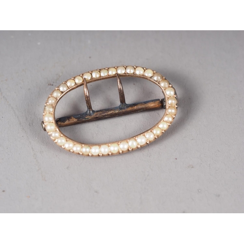 350 - A 14ct gold bar and crescent brooch set sapphires and half pearls (two missing), 7.1g gross, a yello... 