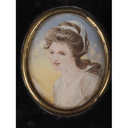 395 - A portrait miniature, inscribed verso Lady Hamilton, 7cm x 5.5cm, in ebonised frame (damages)