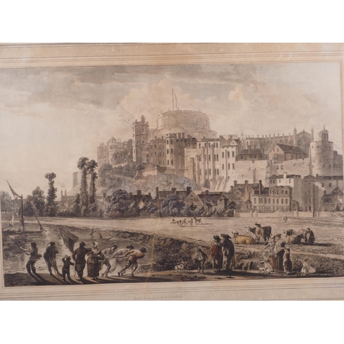 406 - After Paul Sandby: a pair of 18th century hand-coloured aquatints, views of Windsor Castle, in eboni... 