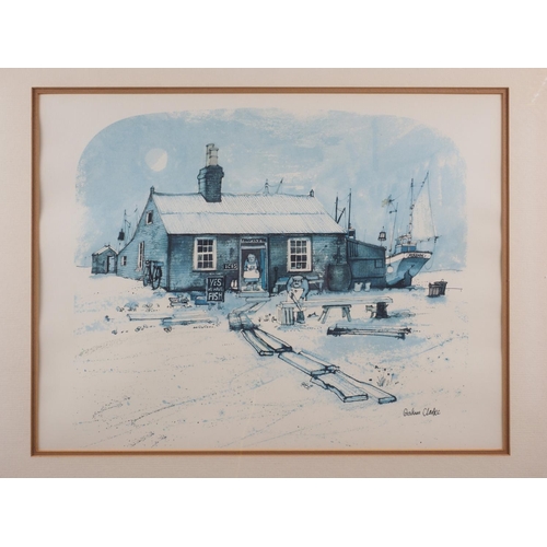 417 - Graham Clarke: two colour prints, fisherman's hut, and a thatcher at work, in gilt frames