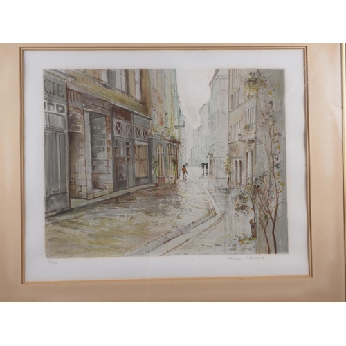 418 - Auxin Renoux: a limited edition lithograph, Parisian street scene, 14/150, in anodised frame, and a ... 