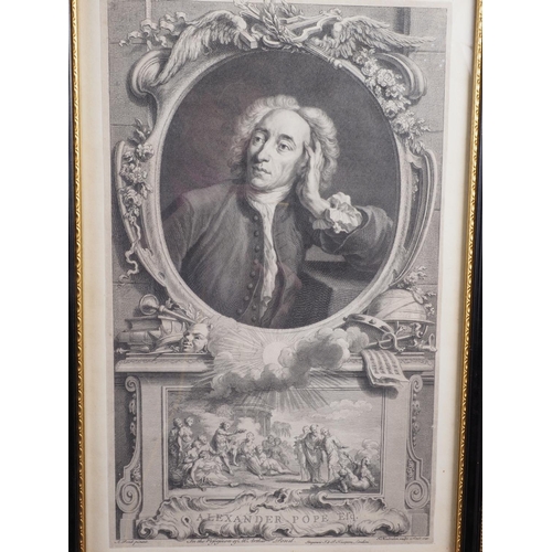 420 - An 18th century engraving of Alexander Pope, three similar portraits, Robert Boyle and William Harve... 