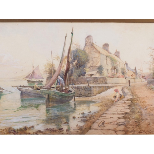 456 - J Hughes Clayton: watercolours, Cornish coastal village with fishing boats and figures, 12 1/2