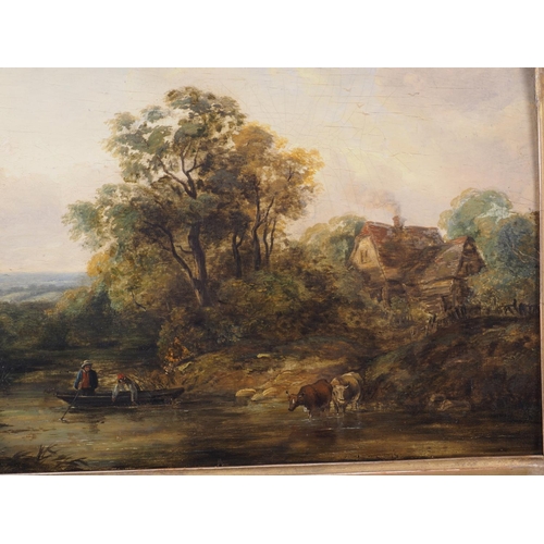 480 - An early 19th century oil on board, landscape with figures in a boat and cattle watering, 8 1/2