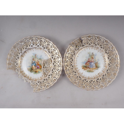 6 - A set of twelve 19th century Meissen figure pierced decorated gilt scrollwork dessert plates (two fo... 