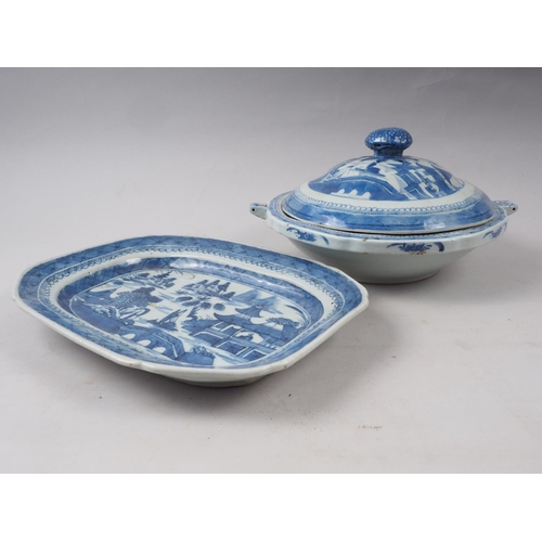 97 - A Chinese blue and white hot plate and matched cover with landscape decoration, 9 1/4