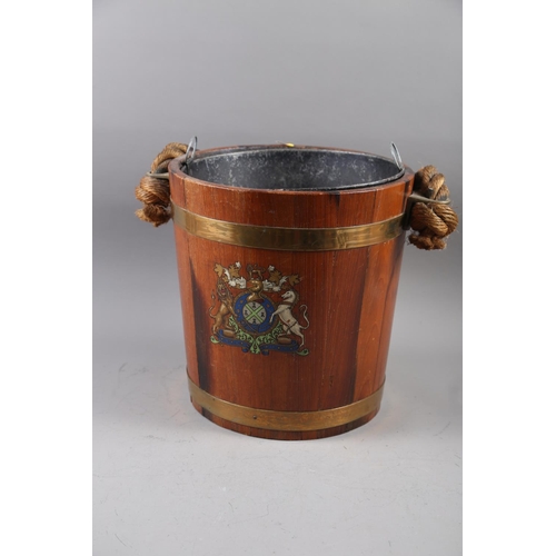 201 - A ship's wooden fire bucket with tin liner and leather-bound handle, decorated with coat of arms Ply... 