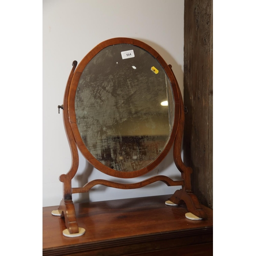 564 - A mahogany and inlaid oval swingframe toilet mirror, on skeleton stand