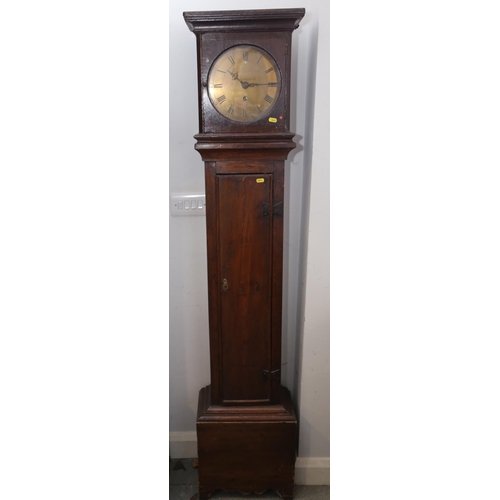 563 - An 18th century oak and pine long case clock with thirty-hour movement and brass circular dial by Ro... 