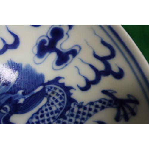 95 - A pair of Chinese porcelain blue and white dishes, decorated dragons, clouds, and flaming pearls, ba... 