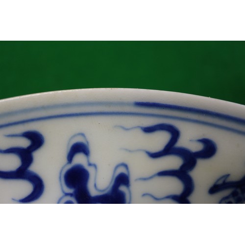 95 - A pair of Chinese porcelain blue and white dishes, decorated dragons, clouds, and flaming pearls, ba... 