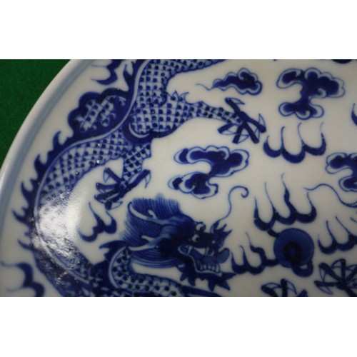 95 - A pair of Chinese porcelain blue and white dishes, decorated dragons, clouds, and flaming pearls, ba... 