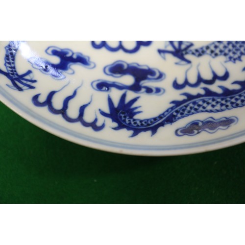 95 - A pair of Chinese porcelain blue and white dishes, decorated dragons, clouds, and flaming pearls, ba... 