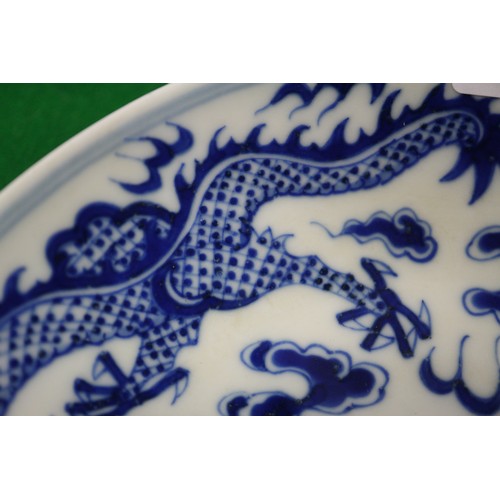 95 - A pair of Chinese porcelain blue and white dishes, decorated dragons, clouds, and flaming pearls, ba... 