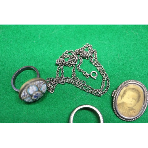 359 - A micro mosaic ring, a jade ring, a pair of buckles, a chain and an opal