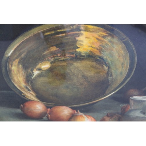 462 - Sir William Nicholson: watercolours, still life, brass bowl and onions, 