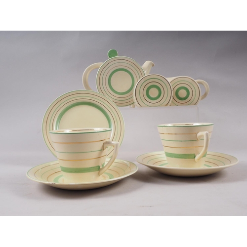 37 - A Clarice Cliff green and gilt stripe decorated cabaret set