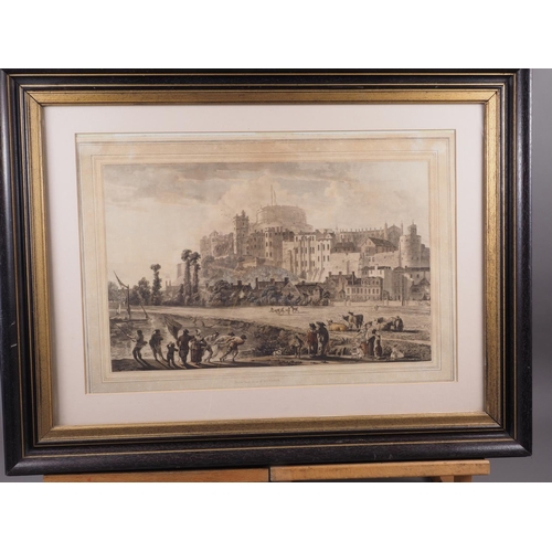 444 - After Paul Sandby: a pair of 18th century hand-coloured aquatints, views of Windsor Castle, in eboni... 