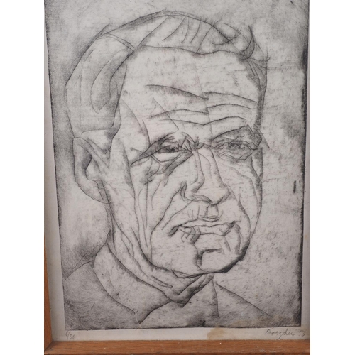 448 - A limited edition print of an etching, portrait of a man, in wooden strip frame, an etching of a lan... 