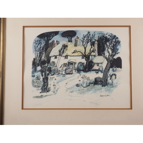 449 - Graham Clarke: two colour prints, fisherman's hut, and a thatcher at work, in gilt frames