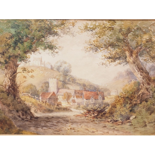 486 - English mid 19th century school: watercolours, church and cottages in a valley bottom, 6 1/2